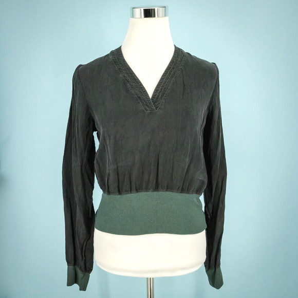 James Perse 2 Size Medium M Washed Black V Neck Long Sleeve Banded Hem Rayon Top - Picture 1 of 6